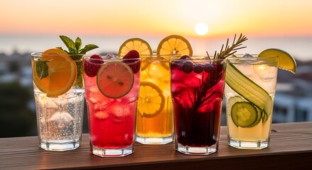 Refreshing cocktails at sunset with colorful fruit and herb garnishes