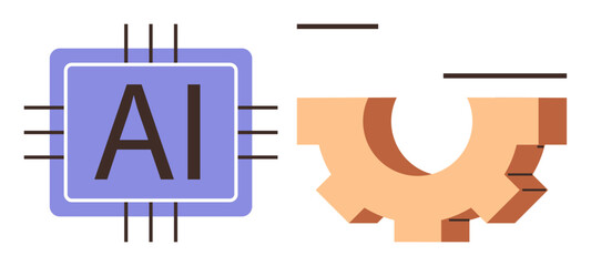 AI chip integrated with an orange gear for innovation, collaboration, and engineering. Ideal for technology, automation, machine learning, innovation, software, development digital transformation