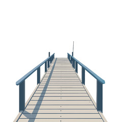 Fototapeta premium Isolated Wooden Pier with Blue Railings Under Bright White Sky Casting Long Shadows in Minimalist Style High Angle View for Stock