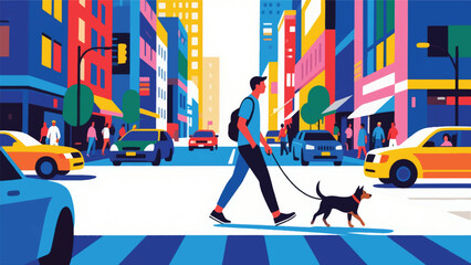 Illustration Of Person Walking A Dog Through A Bustling City Street, With Cars And Pedestrians In The Background Vector Design Template