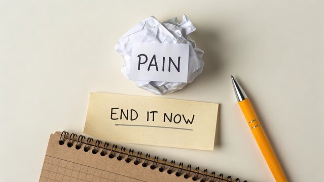 "PAIN" on crumpled paper and "END IT NOW" message on sticky note with notebook and pen
