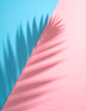 A diagonally divided background with blue and pink sections, overlaid by a palm leaf shadow, creates a minimalist and tropical aesthetic