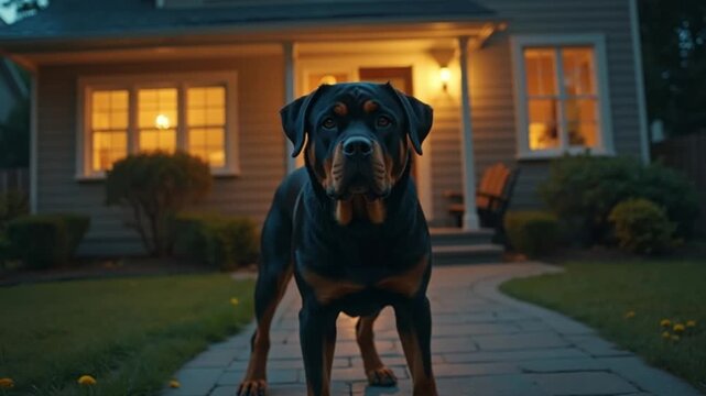 Loyal rottweiler guarding suburban home at dusk, showing family pet safety and peaceful neighborhood living with a watchful protector, enhancing security and community trust