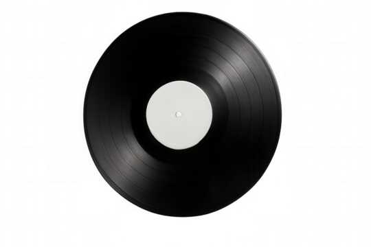 Black vinyl record with a blank white label on a transparent background, representing retro audio technology and music archiving