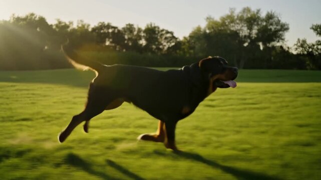 Powerful Rottweiler running freely through a sun-drenched green field, a loyal companion enjoying an energetic outdoor adventure during golden hour at dusk