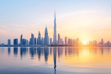 Obraz premium Sunrise Reflection Over City Skyline with Modern Architecture and Water in Dubai
