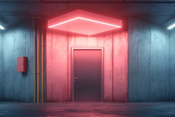 Obraz premium Futuristic corridor with neon lights and a mysterious door in an industrial setting