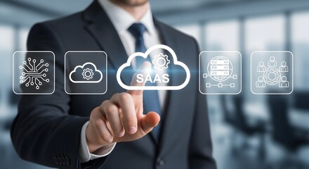 Businessman leveraging SaaS solutions for innovative digital transformation in global enterprise, showcasing modern technology and cloud computing advantages today