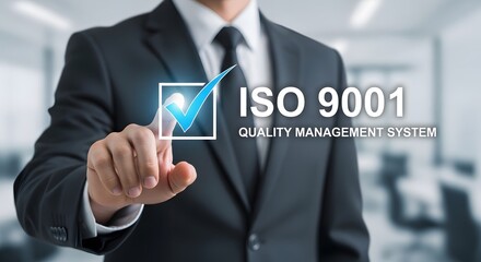 Professional businessman confirms ISO 9001 quality management system compliance ensuring streamlined processes and customer satisfaction for business excellence today