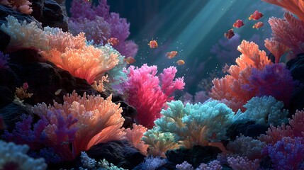 Fototapeta premium A vibrant underwater coral reef teeming with life and illuminated by ethereal sunbeams from above.
