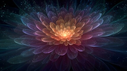 Vibrant glowing fractal flower with intricate multi-colored petals, creating a mystical and abstract digital art composition on a dark background.