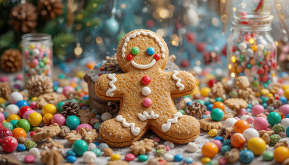 Festive gingerbread man decoration holiday table food photography cozy atmosphere close-up culinary joy