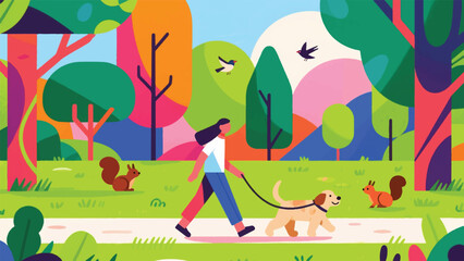Illustration Of Person Walking A Fluffy Dog On A Leash Through A Vibrant Park, With Squirrels And Birds In The Background Vector Design Template