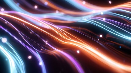 Naklejka premium Abstract glowing lines with light particles on a dark background.