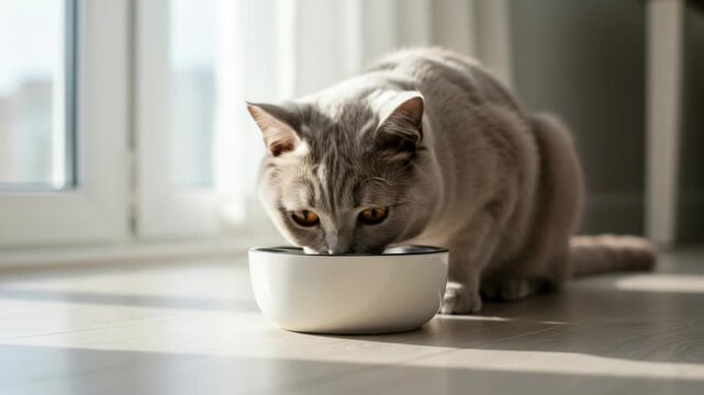 A british shorthair cat drinks water from a bowl indoors