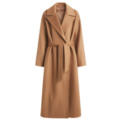 Long camel wool coat with belted waist isolated on a transparent background fashion