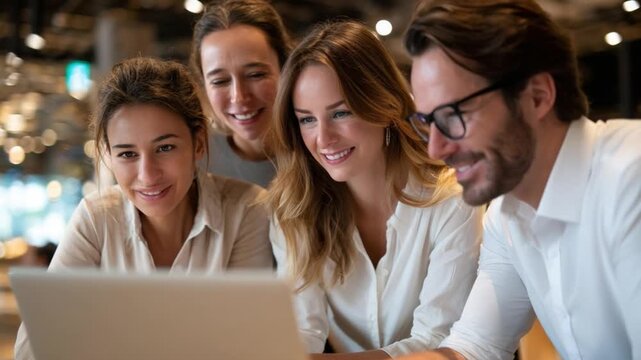 Digital Harmony: Four individuals huddle, their eyes alight with curiosity, captivated by the digital screen, the collaborative effort highlighting shared interest.