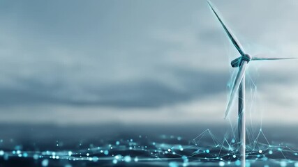 A digital wind turbine generates power, with a network overlay, against a blurred ocean background - Powered by Adobe
