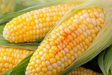 Freshly Harvested Corn on the Cob Displayed with Green Leaves and Seasoning Close-Up