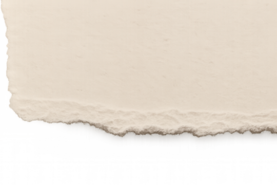 Torn paper piece with textured ripped edge, beige blank craft material, isolated on transparent background, vintage grunge effect