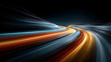 Abstract motion blur of colorful orange and blue light trails curving into the distance, representing speed and technology.