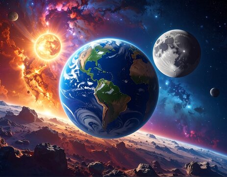 A vivid cosmic scene depicting Earth, planets, sun, and nebulae