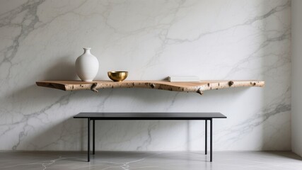 Obraz premium Minimalist interior with natural wooden shelf, marble wall, and modern decor — elegant Scandinavian design style