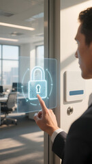 A security biometric fingerprint access control office door touchscreen authentication technology confident professional taps biometric access control glass door, unlocking secure office with