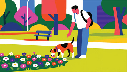 Illustration Of Pet Owner Stopping To Let Their Dog Sniff A Patch Of Flowers In A Colorful Park Vector Design Template