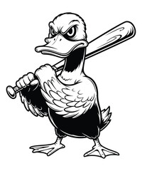 Duck with Attitude Ready to Swing A Baseball Bat, Bold Black and White Cartoon Character Design Illustration