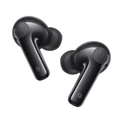 Pair of Black Wireless Earbuds with Speaker Grille isolated on a transparent background