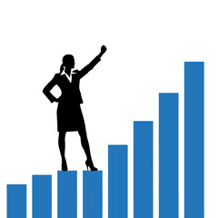 Fototapeta premium Silhouette of a Businesswoman Standing Atop a Blue Rising Bar Graph Isolated on a White Background Depicting Business Success And Financial Growth With an Arm Raised In Victory
