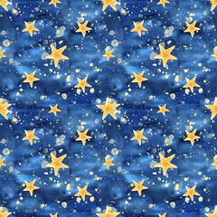 Holiday festive starry seamless pattern. Night sky, gold star, abstract snowfall watercolor splashes. Snowy dark blue stain background for Birthday packaging, New Year, Christmas wrapping paper