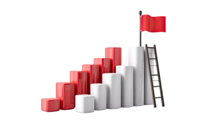 3d business growth bar with ladder and red flag success isolated on white background