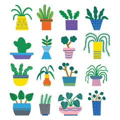 Hand Drawn Potted Plant Vector Set, Colorful Indoor Houseplant Illustration Collection