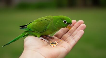 Green parrot eating seeds from a hand