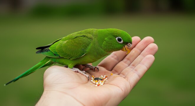 Green parrot eating seeds from a hand