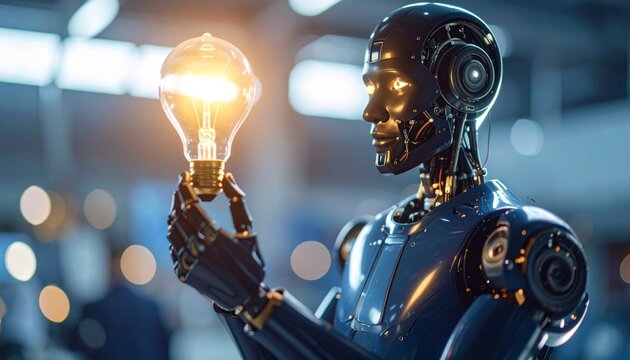 a Humanoid robot holding glowing light bulb symbolizing innovation