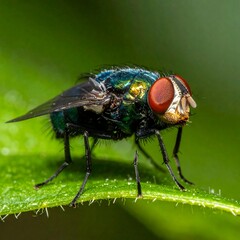 Naklejka premium Close-up of a shimmering green insect with red eyes on a green leaf