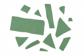 Green felt fabric geometric shapes collage creating an abstract pattern with cutout pieces on transparent background