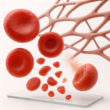 Photorealistic medical illustration of thalassemia, red blood cells with hypochromic microcytic appearance and target cells, peripheral smear look with high-fidelity textures, no text or logos 