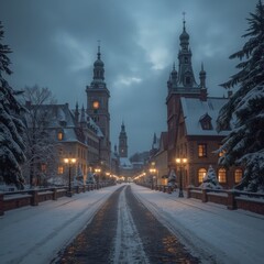 Obraz premium A Tranquil Winter Evening Scene of an Old European City Street Lined with Snow Covered Buildings and Illuminated Street Lamps