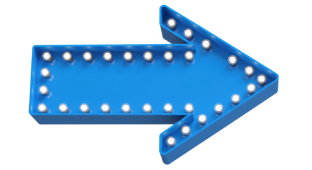 Bright Blue Arrow Sign with White Lights Pointing Right isolated on transparent png