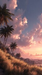 Serene Tropical Landscape at Sunset with Palm Trees and Clouds