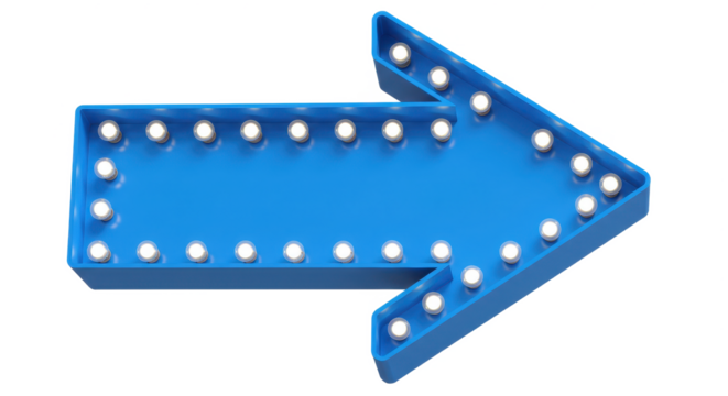 Bright Blue Arrow Sign with White Lights Pointing Right isolated on transparent png