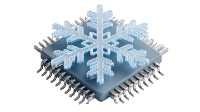 3d snowflake icon on microchip computer cooling heat isolated on white background