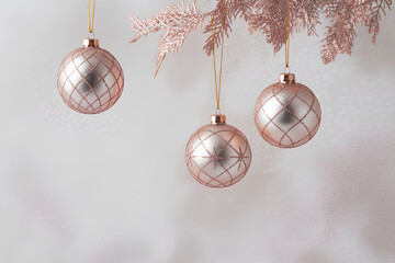 Rose gold ornament metallic bauble holiday decor festive ornament glitter fern lattice pattern hanging decoration winter theme elegant style soft background. Rose gold ornament with metallic