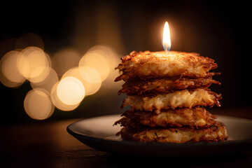 Golden latke stack potato pancake crispy fritter candle flame warm bokeh holiday supper comfort food rustic plate cozy glow night ambiance. Golden latke stack with candle flame and warm bokeh