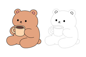Cute bear drinking hot chocolate coloring page for kids. Trace and color cute bear.