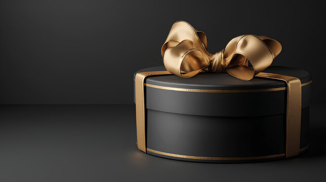 Elegant black round hatbox gold ribbon satin bow luxury gift dark background premium packaging celebration festive minimal style glamour allure for special occasion and heartfelt surprise